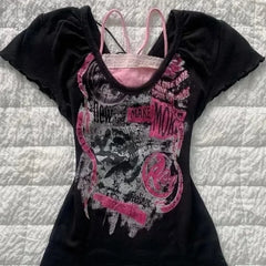 Cyflymder  American retro pattern printing fake disguise two-piece women short-sleeved T-shirt Harajuku fashion street loose casual y2k top