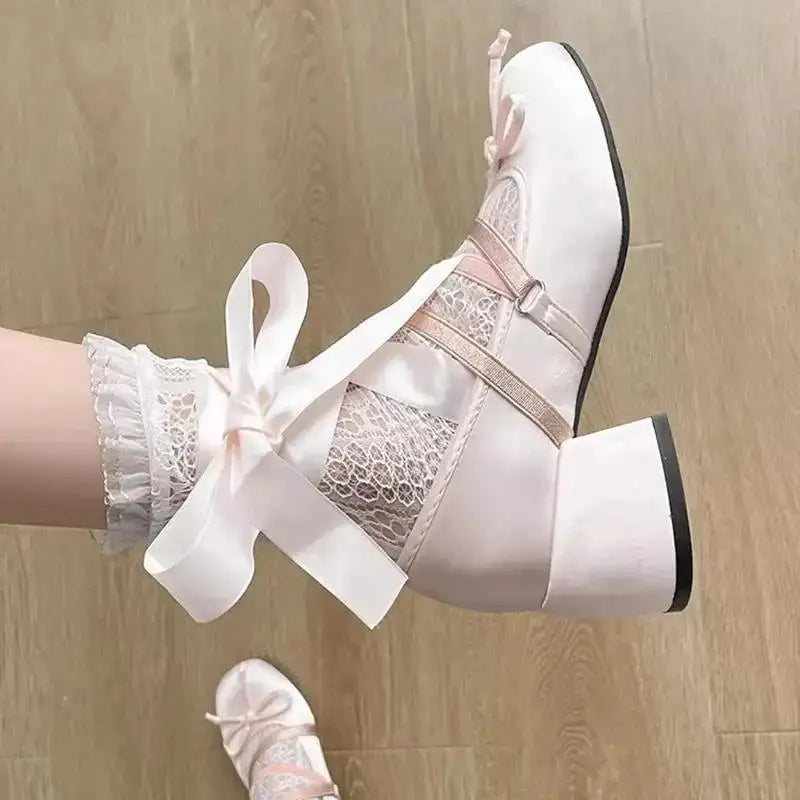 Cyflymder  Lolita Cross Strap Pink Round Toe Shoes Ladies Sweet Butterfly Knot Med Heels Mary Janes Shoes Women Fashion Party Shoes Mujer