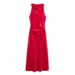 Cyflymder  Summer New Women Sleeveless Dress Fashion Temperament Sexy Silk Satin Texture Solid Color Midi Long Dress Women Elegant