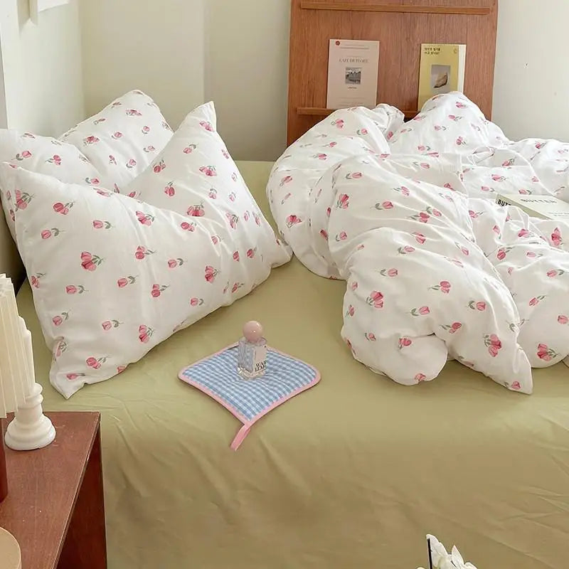 Cyflymder  Blue/Pink Floral Duvet Cover set Farmhouse Vintage Chic 4Pcs Flat Bed Sheet Pillow Shams Ultra Soft Microfiber Twin Queen Double