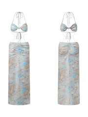 Cyflymder  Women s Sleeveless Maxi Dress Summer Floral Print Halter Neck Backless Deep V Neck Beaded Chain Bodycon Dress with Slit