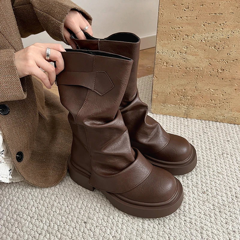 Cyflymder  Autumn Vintage Thick Bottom Woman Knight Boot Fashion Belt Buckle Ladies Concise Slip On Short Booties