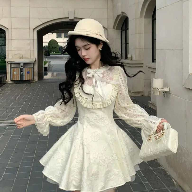 Cyflymder  Sweet SpicyStyle Boucle Dress Women Princess Lace Trim Midi Skirt Set Petite Waist Defined Mini Chic Elegant A Line Coordinates
