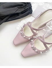 Cyflymder  Sheepskin Version French Gentle Purple Cross Strap Rhinestone Knitted Square Toe Mules For Women Outdoor Inner Height Increasing