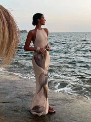 Cyflymder  Shell Printed Mesh Party Dress Halter Knitted Maxi Beach Autumn Dress Backless Bodycon Beige Christmas Long Vestidos