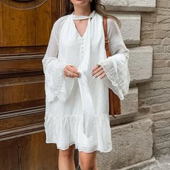 Cyflymder  New French Simple Jacquard V-neck Long-sleeved Ruffle Edge Dress for Women
