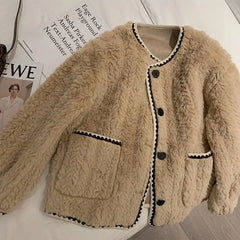 Cyflymder  Lamb's Wool Jacket Women Faux Fur Jacket Trends Design Short Tops Autumn Winter New Loose Plush Top Long Sleeve Single-breasted