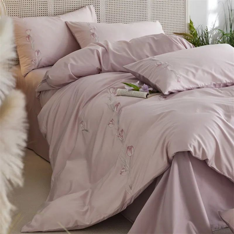 Cyflymder  Long-staple Cotton Floral Blossom Embroidery Comfortable Ultra Soft (1Duvet Cover+1Flat Bedsheet/Fitted Bedsheet+ 2Pillowcases)