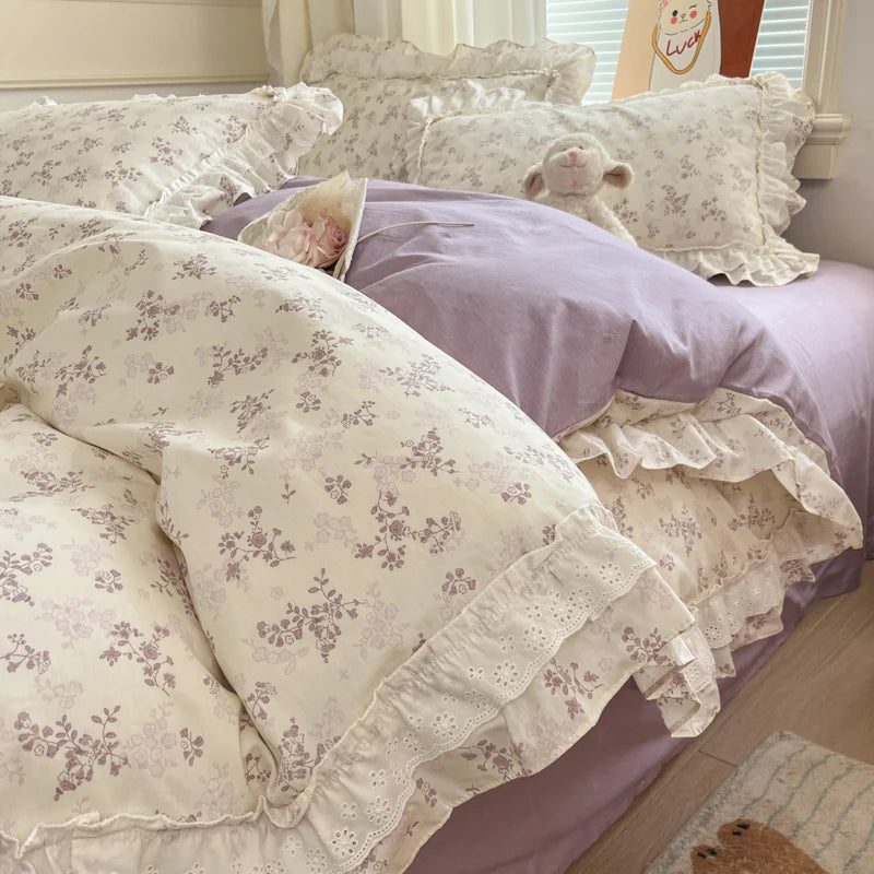 Cyflymder  Princess Style Lace Ruffles 100% Cotton Bedding Set Floral Pastoral Style Duvet Cover Flat/Fitted Bed Sheet Pillowcases 3/4Pcs