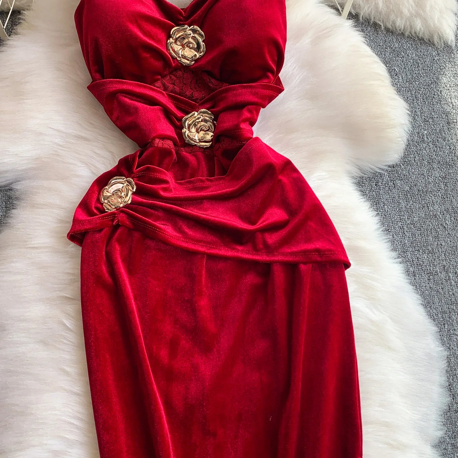 Cyflymder  Ele Velvet V-Ne Metal Flower Print Wrap Dr Women's Faion Autumn Long Dr High Waist A-Line Skirt No Sve