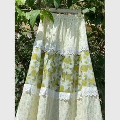 Cyflymder  Mori Girl Flower Print Skirt Elegant Lace Patchwork Midi Skirt Women Summer Casual Elastic Waist A-Line Skirt Boho Faldas 405A