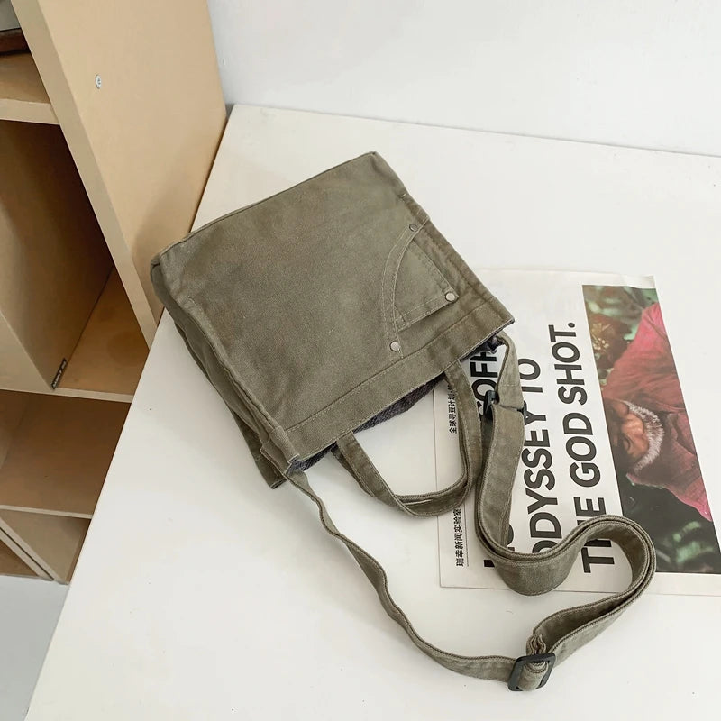 Cyflymder  Casual Canvas Shoulder Bag Women's  Messenger Bag Commuter Fashion Handbag Soft Foldable Pure Color Vertical Square Bag