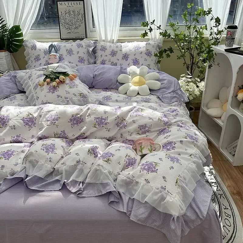 Cyflymder  Romantic French Flowers Lace Ruffles Bedding Set Washed Cotton Duvet Cover Bed Flat Sheet Pillowcases Girls Couple Bed Linens