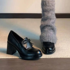 Cyflymder  8CM Silent High Heel Thick Sole Loafers Women's British Style Mary Jane Single Shoes Vintage Small Leather Shoes Women，34-40