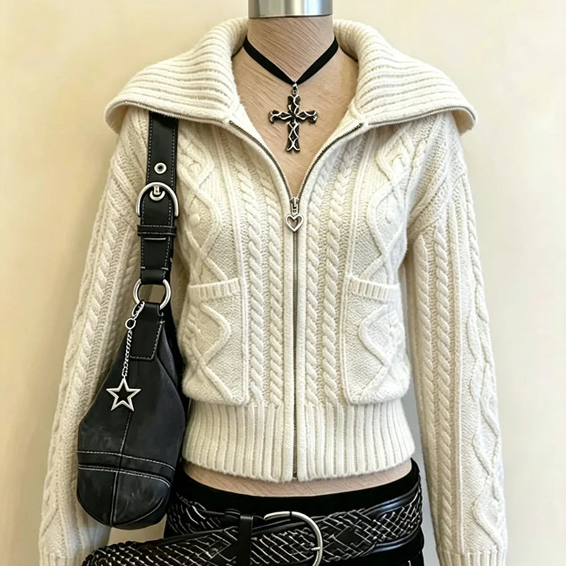 Cyflymder  Knitted White Wool Sweater Gothic Sweet Girl Punk Big Lapel Y2K Women's Zipper High Street Sweater Retro Streetwear Top Chic