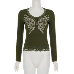 Cyflymder   Y2K Asian‑Inspired Print Fake Two‑Piece T-shirts Fashion Lace Splicing Color‑Blocked Long Sleeve Top Tees Autumn Versatile Top
