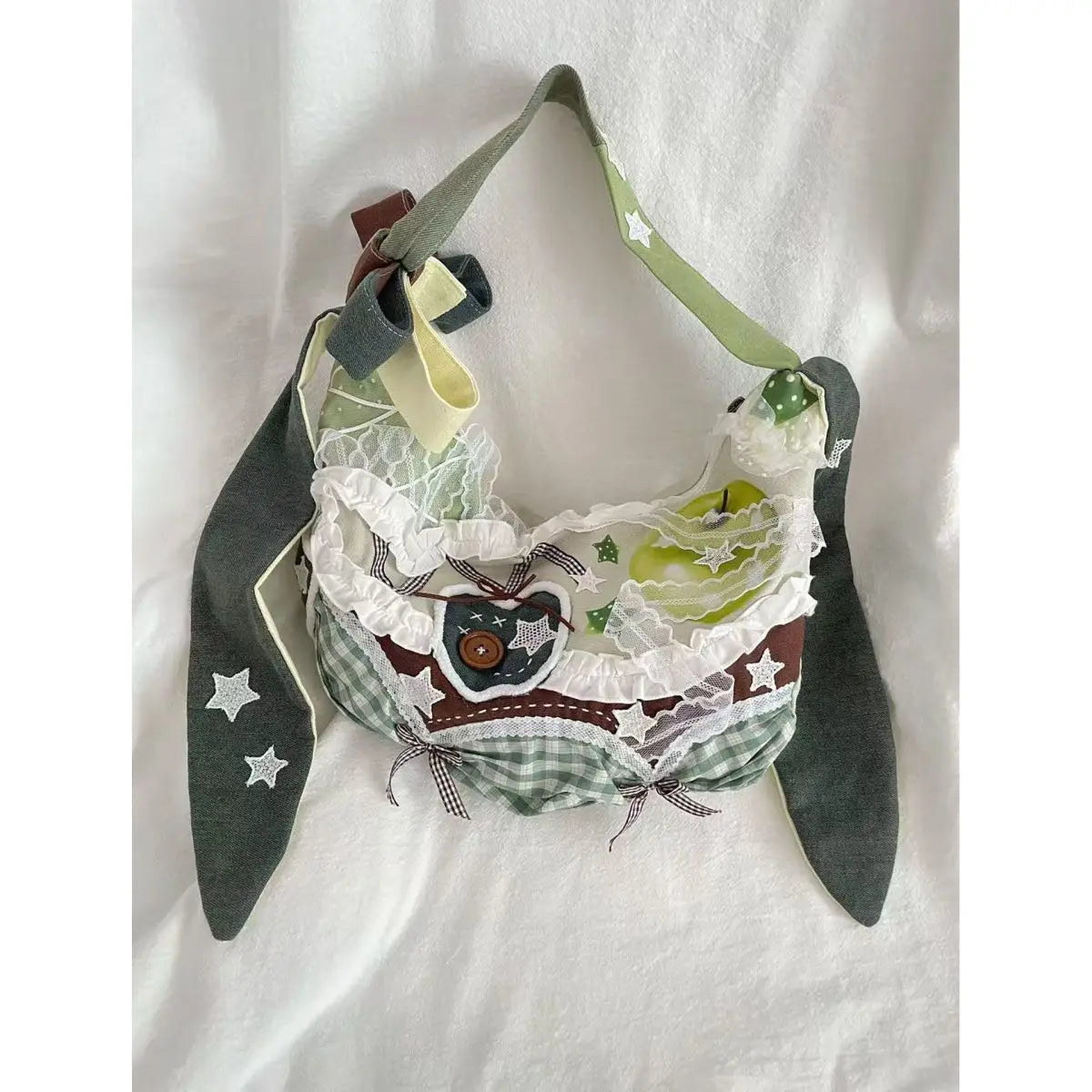 Cyflymder  Harajuku Y2k Aesthetic Ins Underarm Bag Women Contrast Color Plaid Rabbit Ear Canvas Bag Grunge Patchwork Lace Shoulder Handbags