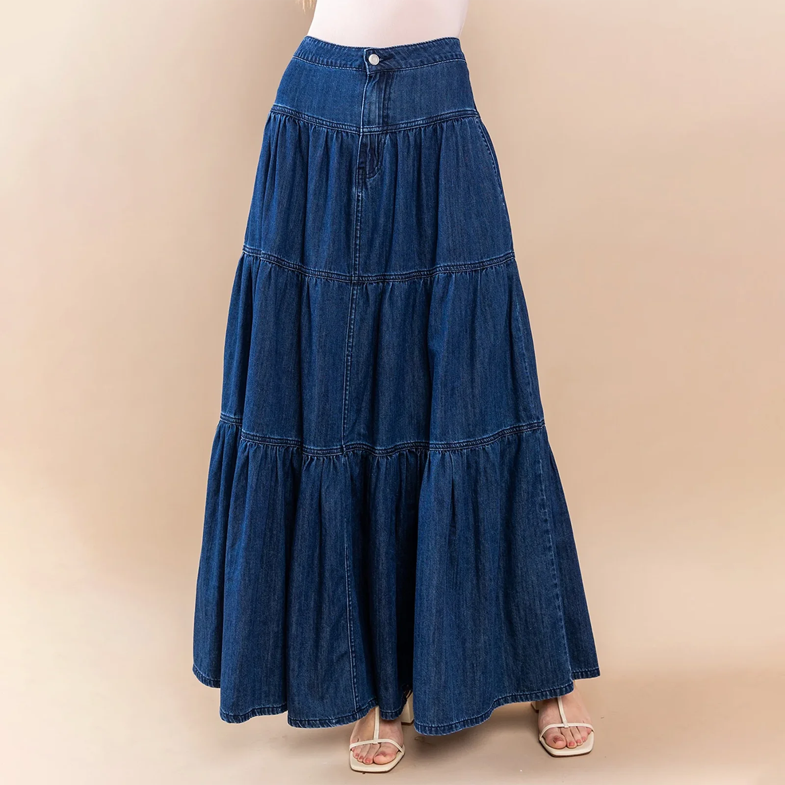Cyflymder  Women's Fashion Denim Long Skirts Stylish Solid Color High Waist A-Line Jean Skirt for Summer Spring