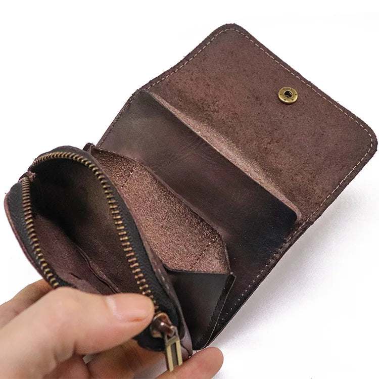 Cyflymder  Genuine Leather Wallet For Men Women Vintage Handmade Short Small Men's Purse Card Holder With Zipper Coin Pocket Money Bag