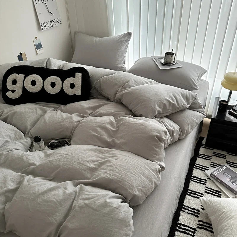 Cyflymder  Bed Linen Solid Cotton Bedding Set with Sheet Duvet Cover Pillowcases Single Couple Bedsheet King Queen Double Twin Size