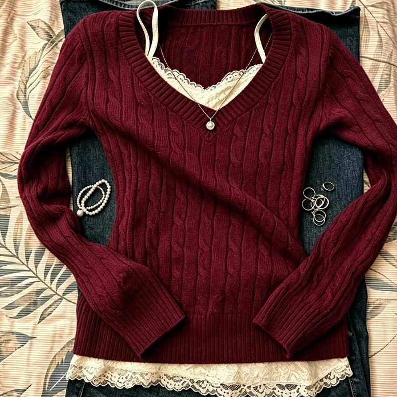 Cyflymder  Y2K Retro Fashion Women's V-Neck Knitted Sweater Punk Lace Hem Fake Two-Piece Long Sleeved Slim Fit Street Top Harajuku