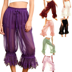 Cyflymder  Fashion Women Long Bloomer Pants Lace Patchwork Drawstring Elastic Waist Victorian Capri Pants Lounge Pettipants