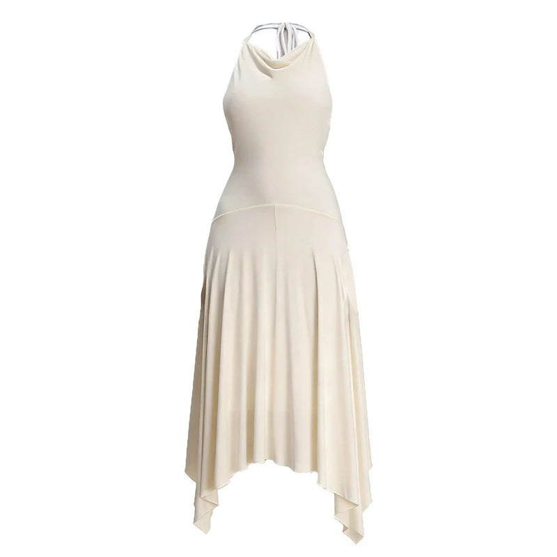 Cyflymder  Sexy Halter Neck Asymmetrical Summer Dress Women Elegant Sleeveless Backless Vacation Dress Fashion Hight Waist Solid Long Dress