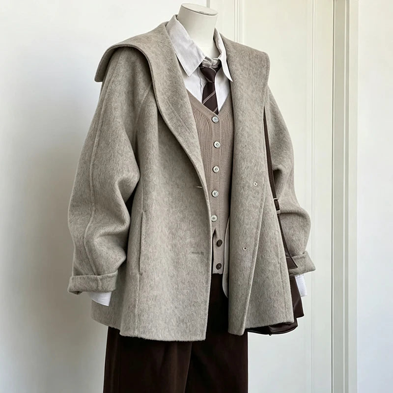 Cyflymder  Y2K Retro Style Women's Wool-Blend Hooded Cropped Jacket Oversized Lapel Loose Fit Versatile Casual Fall/Winter Outerwear