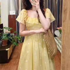 Cyflymder  Vintage Printed Women's Long Dresses 2025 New Spring Summer Yellow Short Sleeve Square Collar Straight Dress for Womens