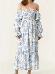 Cyflymder  Woman Vintage Floral Dress Puff Long Sleeve Off Shoulder Ruffle Long Dress Spring Fall Casual Vintage Bohemian Dresses