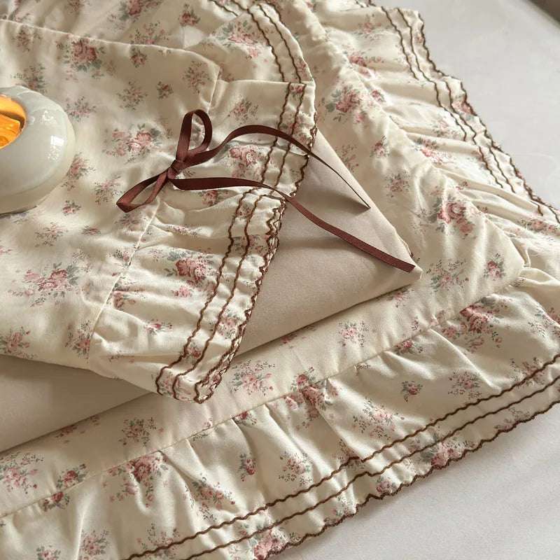 Cyflymder  100% Cotton Pastoral Floral Print Ruffles Bow Princess Bedding Set Queen King Duvet Cover Set Bed Sheet/Fitted Sheet Pillowcases