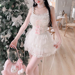 Cyflymder  Cute Crop Tops for Sweet Girls Summer Lace Trim Bows Bead String Decoration Slim Cropped Lolita Style Tank Top Kawaii Clothes