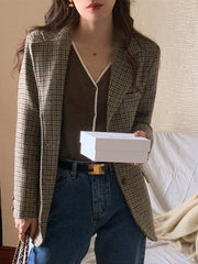 Cyflymder  Retro Briti Sle Plaid Woolen Coat Women's Chic Lapel Single Button Suit Jaet Trendy Mid-Length Long Sve Busin Wear