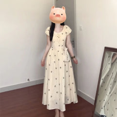 Cyflymder  French Retro Bow Printed Puff Sleeve Dress for Women New Style Waist-hugging and Slimming Vacation Long Skirt