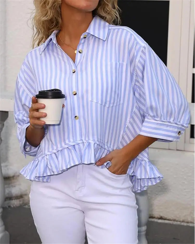 Cyflymder  Casual Stripe irt Women's Summer Top Button down ort Sve Gathered Hem Bubble Sve Polyester Fiber Commute Sleeve