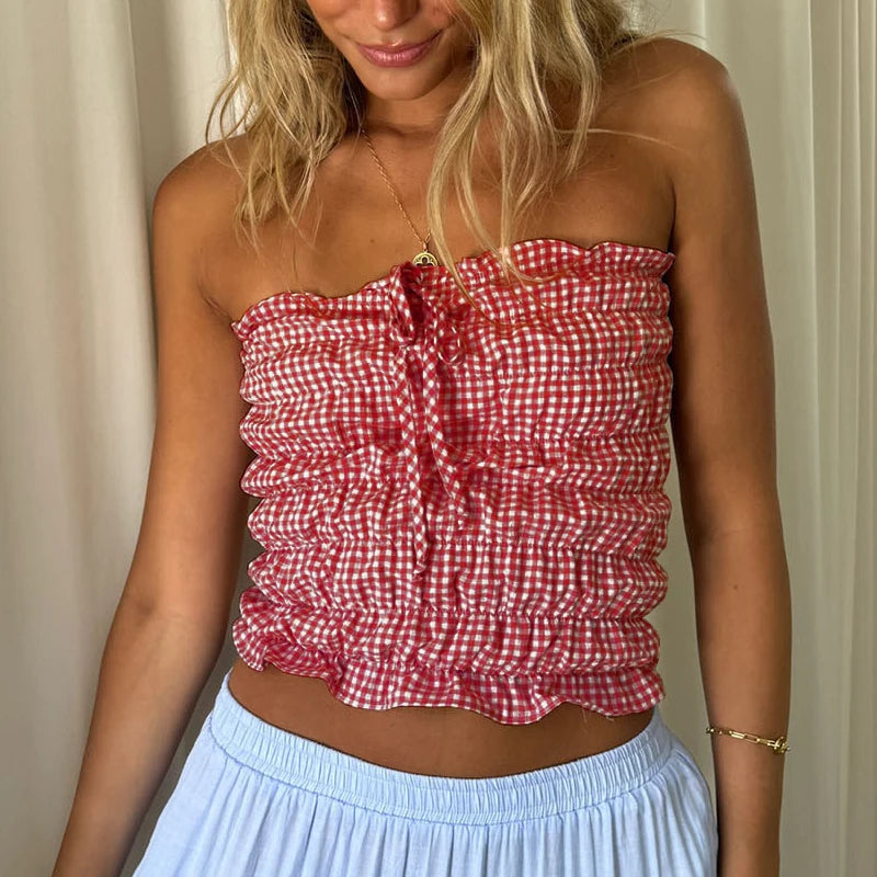 Cyflymder  Plaid Strapless Tube Tops Elastic Ruched Off Shoulder Crop Tops Bandeau 90s Vintage Backless Y2K Tank Vest Women