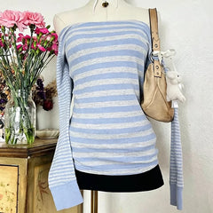 Cyflymder  Retro Striped Blue And White Hot Girl Off Shoulder Top Punk Long Sleeved Y2K Women's High Street Knitted Fashion Casual Street