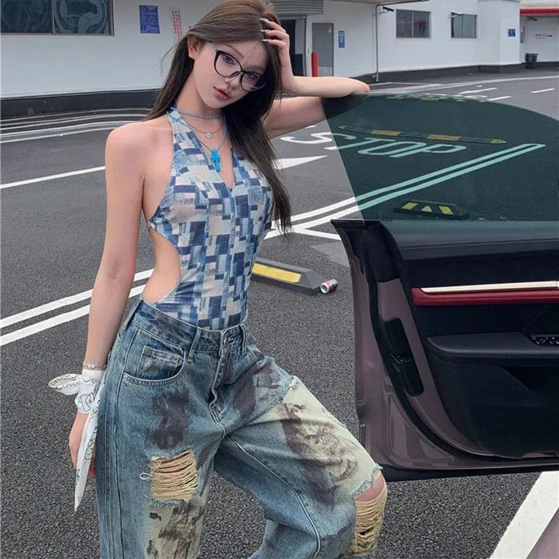 Cyflymder  Vintage Y2K Ripped Jeans for Women American Streetwear Baggy Grunge Wide Leg Trousers Female Hot-Girl High Waisted Denim Pants