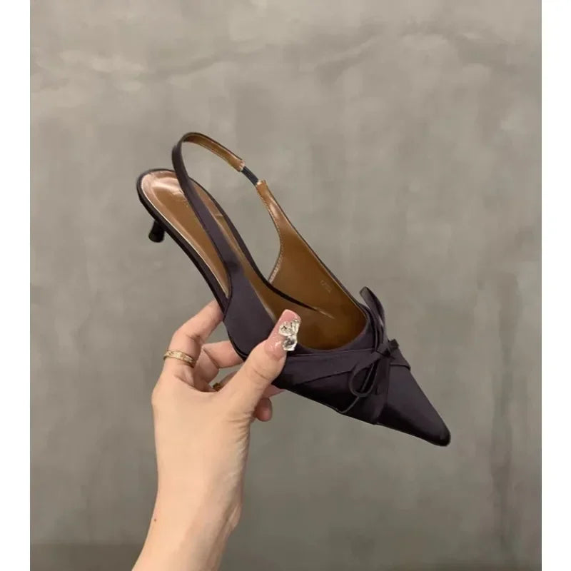 Cyflymder Summer's new sexy pointed-toe silk satin high heels, brand design bow elegant slim sandals, women's shoes, large size
