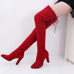 Cyflymder Winter Over The Knee Women Boots Stretch Fabrics High Heel Slip On Shoes Pointed Toe Woman Long Boots Size Plus Size34-43