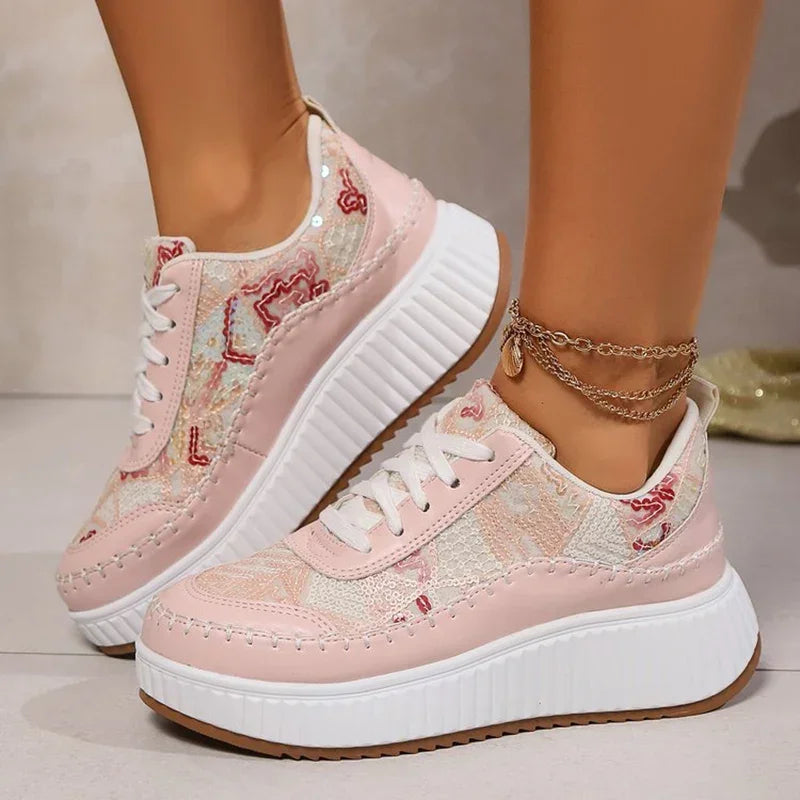 Cyflymder  Fashion Glitter Platform Sneakers Women Spring Lace Up Pink Sports Shoes Woman Plus Size 43 Thick Bottom Walking Shoes