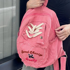 Cyflymder  Cute Pink Denim Women Backpacks Large capacity shoulder Bags Girls School Bags Embroidered letters daypacks Travel Jean Bagpack