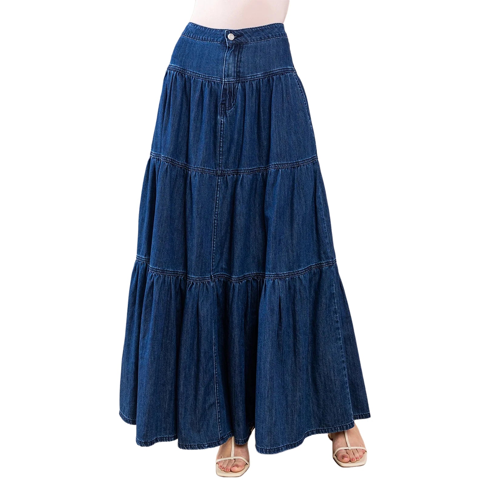 Cyflymder  Women's Fashion Denim Long Skirts Stylish Solid Color High Waist A-Line Jean Skirt for Summer Spring