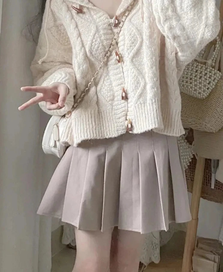 Cyflymder Spring and Autumn Horn-button Hooded Knit Sweater Coat Women Loose Outside Crop Top Gentle Soft Preppy Style White Cardigan