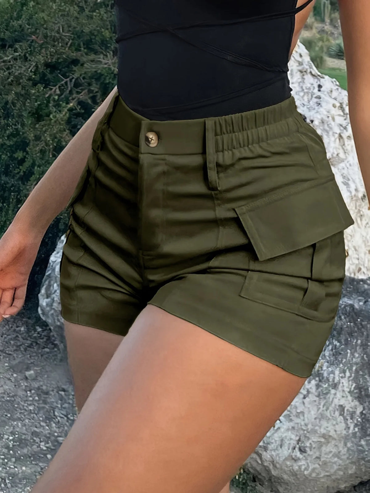 Cyflymder  New Casual Women's High-waisted Button-up Street Tooling Shorts with Pockets