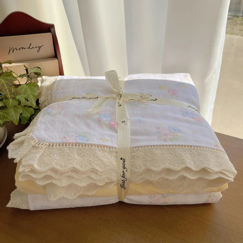 Cyflymder  New A-Class Hollow Lace Bedding Set Fitted Sheet Quilt Cover Pillowcase for Spring Summer Korean Skin Friendly Cozy Bedclothes