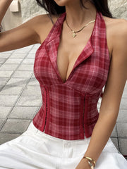 Cyflymder  Retro American Style Hot Girl Red Plaid Corset Camisole 2026 Sexy Deep V Halter Built-in Bra Slimming Top for Night Party