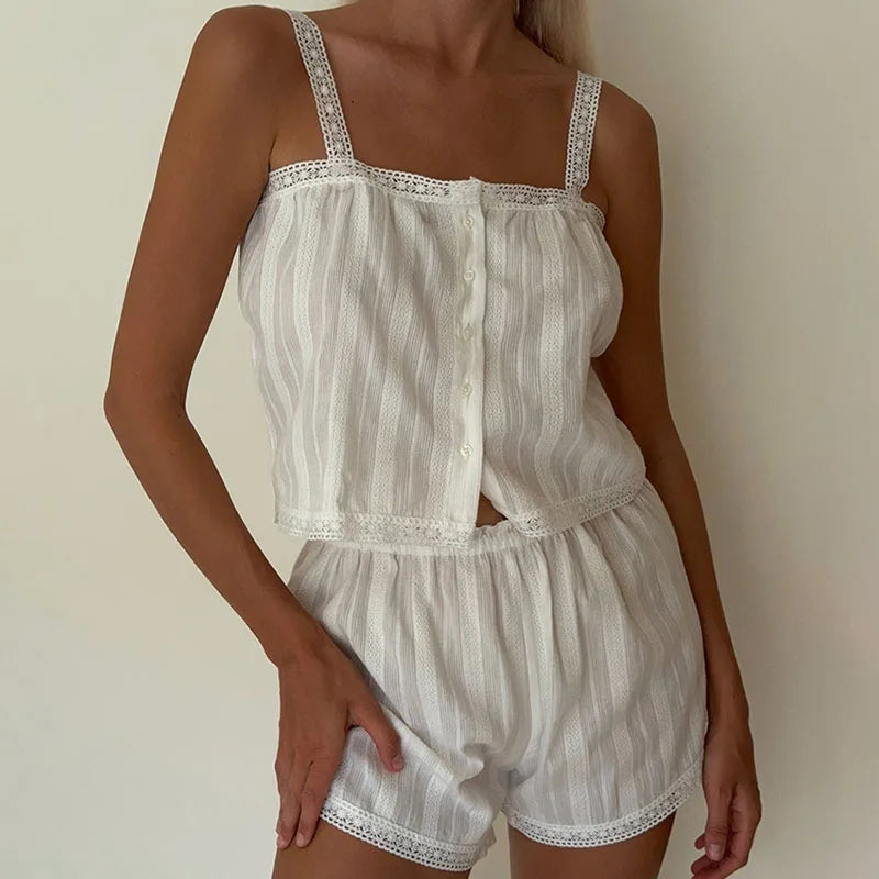 Cyflymder   Women Fashion Jacquard Vest Outfits Sexy Off Shoulder Button Top & Short Pant White Set Elegant Sleeveless Solid Nightgown Suits