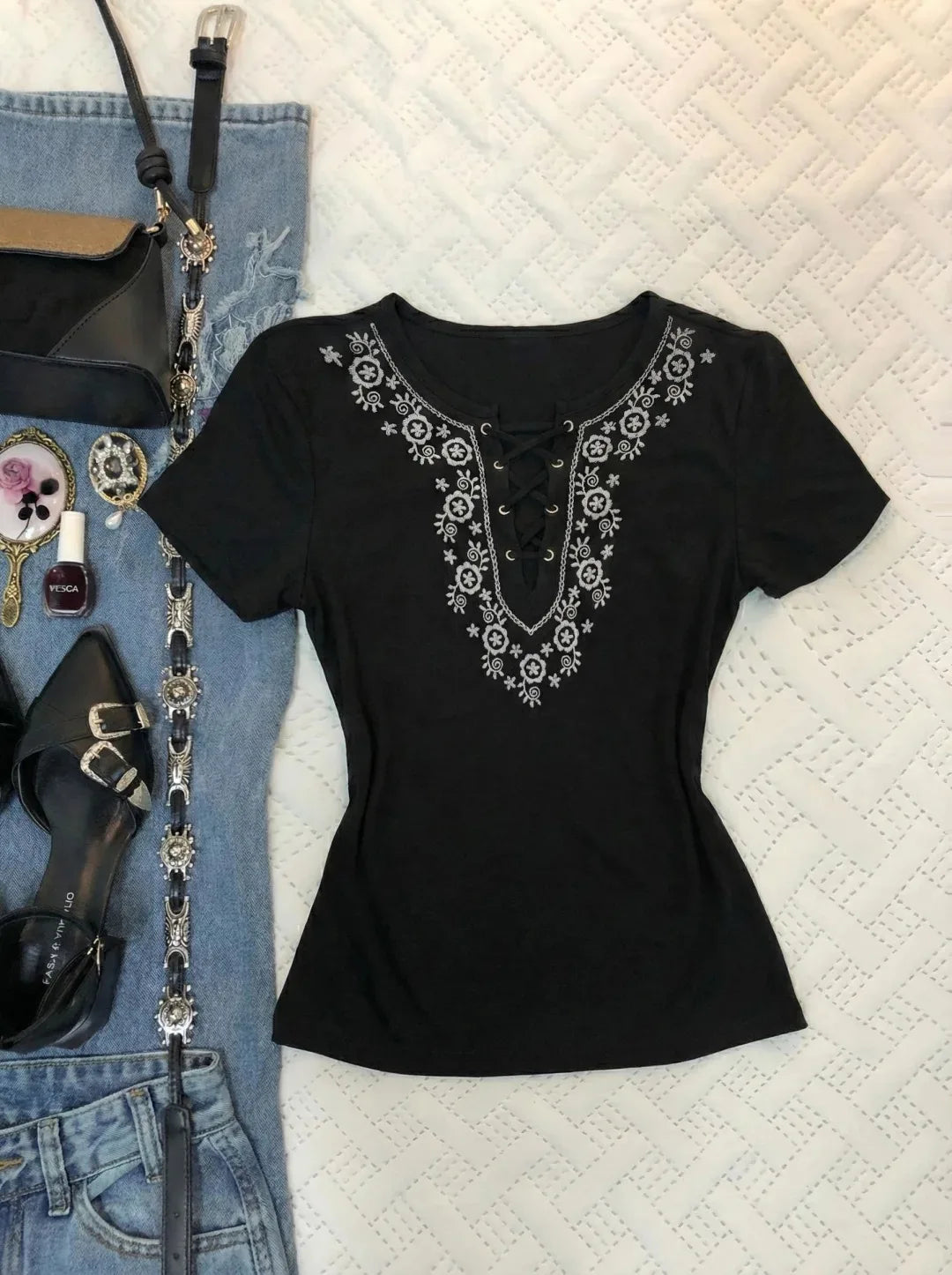 Cyflymder  Goth T-shirt Embroidery Y2k 2000s Punk Vintage Sexy Aesthetic Harajuku Strap Slim Short Sleeve O-Neck Summer Basics Emo Tee Chic