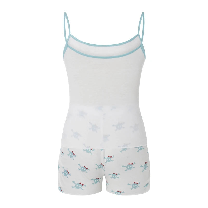 Cyflymder  Fairy Y2K 00s Vintage 2 Piece Kawaii Skull Print Pajama Set Lovely White Cami + Mini Shorts Grunge Coquette Lounge